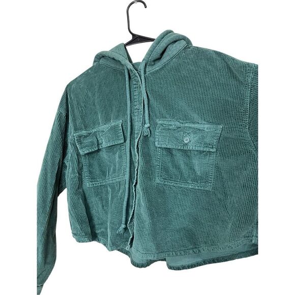 American‎ Eagle Corduroy Button-Up Cropped Shirt Jacket Shacket Green Size L - Picture 2 of 8